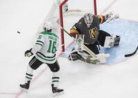 Dallas Stars' Joe Pavelski (16) is stopped by Vegas Golden Knights goalie Robin Lehner (90) during third period NHL Western Conference final playoff action in Edmonton on Tuesday, Sept. 8, 2020. THE CANADIAN PRESS/Jason Franson