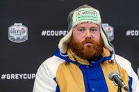 Winnipeg Blue Bombers offensive lineman Pat Neufeld speaks to members of media after practice at Leibel Field in Regina, on Wednesday, November 16, 2022. He's getting ready for a 12th CFL season but Neufeld is also preparing for the day when he's no longer a football player. THE CANADIAN PRESS/Heywood Yu