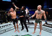 Jan 23, 2021; Abu Dhabi, United Arab Emirates; Dustin Poirier reacts after his knockout victory over Conor McGregor of Ireland in a lightweight fight during the UFC 257 event inside Etihad Arena on UFC Fight Island.  Mandatory Credit: Jeff Bottari/Handout Photo via USA TODAY Sports     TPX IMAGES OF THE DAY