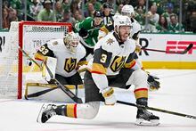 May 29, 2023; Dallas, Texas, USA; Vegas Golden Knights defenseman Brayden McNabb (3) blocks a shot by the Dallas Stars during the first period in game six of the Western Conference Finals of the 2023 Stanley Cup Playoffs at American Airlines Center. Mandatory Credit: Jerome Miron-USA TODAY Sports