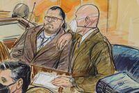 FILE - This artist sketch depicts Guy Wesley Reffitt, joined by his lawyer William Welch, right, in Federal Court, in Washington, on Feb. 28, 2022. Federal prosecutors are seeking a 15-year prison sentence for the Texas man who was convicted of storming the U.S. Capitol with a holstered handgun. If a judge accepts the recommendation, Reffitt's prison sentence would be nearly three times longer than any of the more than 200 other defendants who have been sentenced for crimes related to the Jan. 6, (Dana Verkouteren via AP, File)