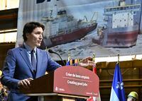 Prime Minister Justin Trudeau announces major investments in shipbuilding at the Davie shipyard in Levis, Que., Tuesday, April 4, 2023. THE CANADIAN PRESS/Jacques Boissinot