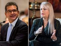 FILES - This combo of two file photos shows Pedro Pierluisi, left and Wanda Vazquez in San Juan, Puerto Rico. At left, Secretary of State Pedro Pierluisi attends his confirmation hearing at the House of Representatives on Aug. 2, 2019, and at right, Puerto Rico Gov. Wanda Vazquez gives an interview at La Fortaleza governor residence on Aug. 16, 2019. Both served as replacement governors in the wake of a Puerto Rican political crisis and are competing against each other for a chance to win the job in their own right as the disaster-struck U.S. territory holds primary elections on Sunday, Aug. 9, 2020. (AP Photo/Dennis M. Rivera Pichardo, Files)
