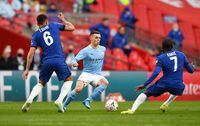 FILE PHOTO: Soccer Football -  FA Cup Semi Final - Chelsea v Manchester City - Wembley Stadium, London, Britain - April 17, 2021 Manchester City's Phil Foden Pool via REUTERS/Ben Stansall/File Photo