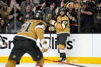 Vegas Golden Knights defenseman Shea Theodore (27) celebrates his goal against the Florida Panthers during the second period of Game 1 of the NHL hockey Stanley Cup Finals, Saturday, June 3, 2023, in Las Vegas. (AP Photo/John Locher)
