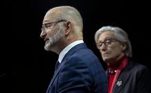 Mental Health and Addictions Minister and Associate Minister of Health Carolyn Bennett looks on as Justice Minister and Attorney General of Canada David Lametti speaks during a news conference, Thursday, February 2, 2023 in Ottawa.  THE CANADIAN PRESS/Adrian Wyld