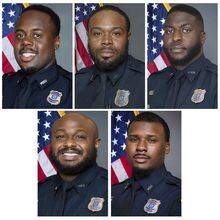 FILE - This combination of images provided by the Memphis, Tenn., Police Department shows, from top row from left, Police Officers Tadarrius Bean, Demetrius Haley, Emmitt Martin III, bottom row from left, Desmond Mills, Jr. and Justin Smith. The five former Memphis police officers were scheduled Friday, Feb. 17, 2023, to make their first court appearance on murder and other charges in the violent arrest and death of Tyre Nichols. (Memphis Police Department via AP, File)