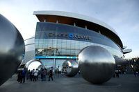 Fans gather outside the Chase Center in San Francisco before the arena's first regular season NBA on Oct. 24, 2019.