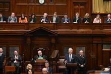 President Joe Biden addresses members of the Irish parliament at Leinster House in Dublin, Thursday, April 13, 2023. (Kenny Holston/The New York Times via AP, Pool)