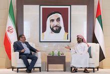 A handout picture released by the Emirati presidency shows the United Arab Emirates' top national security adviser Sheikh Tahnoun bin Zayed al-Nahyan during (R) during a meeting with the Secretary of Iran's Supreme National Security Council Ali Shamkhani in Abu Dhabi on March 16, 2023. Portrait in the background shows the founder of the UAE, late leader Sheikh Zayed bin Sultan al-Nahayan. (Photo by Hamad AL-KAABI / UAE PRESIDENTIAL COURT / AFP) / === RESTRICTED TO EDITORIAL USE - MANDATORY CREDIT "AFP PHOTO / HO / UAE PRESIDENTIAL COURT" - NO MARKETING NO ADVERTISING CAMPAIGNS - DISTRIBUTED AS A SERVICE TO CLIENTS === (Photo by HAMAD AL-KAABI/UAE PRESIDENTIAL COURT/AFP via Getty Images)