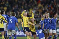 Sweden's Amanda Ilestedt, center left, celebrates with Sweden's Magdalena Eriksson after scoring her side's 4th goal and celebrate the fourth goal of the match during the Women's World Cup Group G soccer match between Sweden and Italy in Wellington, New Zealand, Saturday, July 29, 2023. (AP Photo/Alysa Rubin)