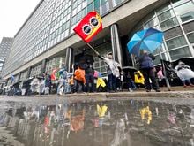 Public Service Alliance of Canada (PSAC) workers at the Canada Revenue Agency (CRA) continue to strike in Montreal, Monday, May 1, 2023. THE CANADIAN PRESS/Christinne Muschi