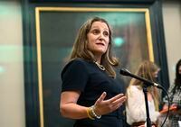 Deputy Prime Minister and Minister of Finance Chrystia Freeland speaks to reporters before heading to Question Period in the House of Commons on Parliament Hill in Ottawa on Thursday, June 23, 2022. THE CANADIAN PRESS/Justin Tang