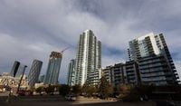 New condo rise up in Calgary's East Village neighbourhood in October of 2022.