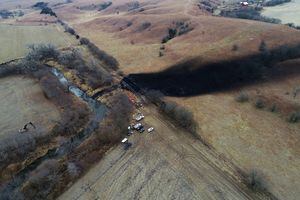 In this photo taken by a drone, cleanup continues in the area where the ruptured Keystone pipeline dumped oil into a creek in Washington County, Kan., on Dec. 9, 2022.&nbsp;TC Energy Corp. says it has recovered all of the oil that spilled into a Kansas creek as a result of a leak from the Keystone pipeline in December.&nbsp;THE CANADIAN PRESS/DroneBase via AP