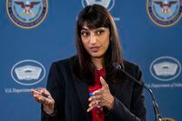 Pentagon spokeswoman Sabrina Singh speaks during a media briefing at the Pentagon, Monday, April 17, 2023, in Washington. (AP Photo/Alex Brandon)