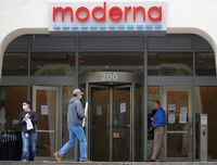 FILE PHOTO: A sign marks the headquarters of Moderna Therapeutics, which is developing a vaccine against the coronavirus disease (COVID-19), in Cambridge, Massachusetts, U.S., May 18, 2020.   REUTERS/Brian Snyder
