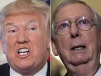 (FILES) In this file photo taken on August 24, 2017 (COMBO) This combination of pictures created on August 24, 2017 shows US President Donald Trump )L) August 11, 2017 in Bedminster, New Jersey and US Senate Majority Leader Mitch McConnell, Republican of Kentucky, in Washington, DC, June 27, 2017. - Donald Trump urged Republican senators February 16, 2021 to dump Mitch McConnell as their leader in the Senate following his withering criticism of the former US president after his impeachment trial. (Photos by JIM WATSON and SAUL LOEB / AFP) (Photo by JIM WATSON,SAUL LOEB/AFP via Getty Images)