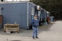 Steve Davidson is photographed outside the building where his suite is located at the Nikao temporary modular complex in Nanaimo, British Columbia, Friday, April 21, 2023. Rafal Gerszak/The Globe and Mail 