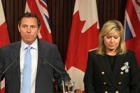 Brampton Mayor Patrick Brown and Mississauga Mayor Bonnie Crombie attend a news conference at the Ontario legislature in Toronto on Thursday, May 18, 2023.  THE CANADIAN PRESS/Chris Young