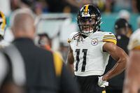 Pittsburgh Steelers wide receiver Chase Claypool (11) warms up before an NFL football game against the Miami Dolphins, Sunday, Oct. 23, 2022, in Miami Gardens, Fla. (AP Photo/Rebecca Blackwell)
