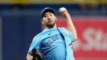 Toronto Blue Jays starting pitcher Yusei Kikuchi, of Japan, against the Tampa Bay Rays during the first inning of a baseball game Wednesday, May 24, 2023, in St. Petersburg, Fla. (AP Photo/Chris O'Meara)