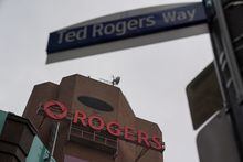 Rogers corporate head office and headquarters seen from Ted Rogers Way in Toronto on Monday, Oct. 25, 2021.