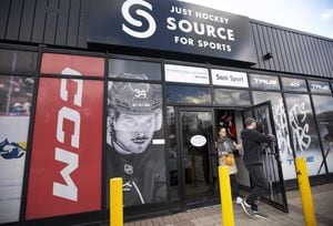 Customers leaving Just Hockey Toronto, a hockey equipment store in the Eglinton Ave. East and Don Mills Road area, are photographed on April 15, 2024. Fred Lum/The Globe and Mail