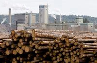 Logs are piled up at West Fraser Timber in Quesnel, B.C., Tuesday, April 21, 2009. West Fraser Timber Co. Ltd. says it is further cutting production amid the COVID-19 pandemic. The Vancouver-based company says it will further reduce its SPF lumber production by 30 million to 40 million board feet of production per week, or 45 to 60 per cent, starting April 6. THE CANADIAN PRESS/Jonathan Hayward