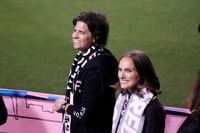 FILE PHOTO: Mar 19, 2022; Fullerton, CA, USA; Angel City FC Co-Founder and President Julie Uhrman, left, and actress Natalie Portman, a team co-owner, smile during the NWSL Challenge Cup match against the San Diego Wave FC in Titan Stadium at California State Fullerton Mandatory Credit: Kirby Lee-USA TODAY Sports/File Photo