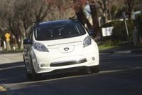 An autonomous drive Nissan Leaf drives during a media preview of autonomous Renault-Nissan Alliance vehicles in Sunnyvale, California January 7, 2016.  REUTERS/Noah Berger/Files
