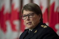 RCMP Commissioner Brenda Lucki speaks during a news conference in Ottawa, Wednesday October 21, 2020. The RCMP has agreed to revamp its policies on the collection and use of information about protesters after a watchdog expressed fresh concerns, a notable shift from the police force's position only months ago. THE CANADIAN PRESS/Adrian Wyld