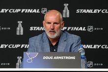BOSTON, MASSACHUSETTS - MAY 26: General Manager Doug Armstrong of the St. Louis Blues speaks during Media Day ahead of the 2019 NHL Stanley Cup Final at TD Garden on May 26, 2019 in Boston, Massachusetts. (Photo by Bruce Bennett/Getty Images)