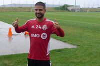 Newly signed Italian star forward Lorenzo Insigne poses in Toronto FC colours at the TFC training centre in Toronto on Friday July 1, 2022. Insigne, the former Napoli captain who is eligible to make his MLS debut July 9 when the league’s secondary transfer window opens, trained separately Friday.
THE CANADIAN PRESS/Neil Davidson 