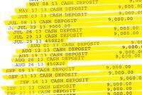 A composite of bank account records at the centre of a forensic investigation into Bondfield Construction shows cash deposits of exactly $9,000 over 20 months.