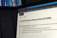 A new analysis of two government wage-support programs says four out of five people will receive less from employment insurance than they get from a COVID emergency benefit, unless there are changes to the system. The landing page for the Canada Emergency Response Benefit is seen in Toronto, Monday, Aug. 10, 2020. THE CANADIAN PRESS/Giordano Ciampini