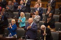 Ontario Premier Doug Ford claps during Ted Arnott's acceptance speech for his re-election to the position of Speaker of the Ontario Legislative Assembly at Queen's Park, in Toronto on Monday, August 8, 2022.  THE CANADIAN PRESS/Tijana Martin
