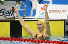 Summer McIntosh celebrates her world record time in the women's 400-metre freestyle event at the 2023 Canadian swimming trials in Toronto in this Tuesday, March 28, 2023 handout photo. THE CANADIAN PRESS/HO, Swimming Canada, Scott Grant *MANDATORY CREDIT*