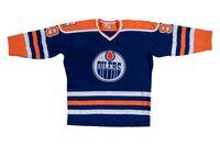 A signed, game-worn rookie season Wayne Gretzky Edmonton Oilers road jersey is seen in an undated handout photo.