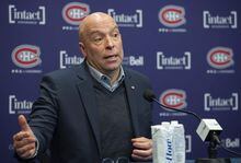 Montreal Canadiens general manager Kent Hughes speaks during a news conference in Brossard, Que., Wednesday, January 18, 2023. THE CANADIAN PRESS/Graham Hughes