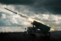 A rocket is launched from a truck-mounted multiple rocket launcher towards Russian positions in Kharkiv region on October 4, 2022, amid the Russian invasion of Ukraine. (Photo by Yasuyoshi CHIBA / AFP) (Photo by YASUYOSHI CHIBA/AFP via Getty Images)