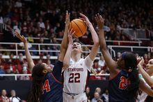 Mississippi forward Madison Scott, left, and guard Ayanna Thompson defend against Stanford forward Cameron Brink (22) during the first half of a second-round college basketball game in the women's NCAA Tournament, Sunday, March 19, 2023, in Stanford, Calif. (AP Photo/Josie Lepe)