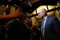 Justice Minister David Lametti speaks to reporters after a meeting of the Liberal caucus in Ottawa, Wednesday, May 31, 2023. Lametti says changes made in the Senate to legislation creating a new process for investigating complaints against federal judges are contrary to strengthening the oversight of judicial misconduct in Canada. THE CANADIAN PRESS/Sean Kilpatrick