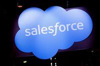 FILE PHOTO: A logo of Salesforce is seen at its exhibition space, at the Viva Technology conference dedicated to innovation and startups at the Porte de Versailles exhibition center in Paris, France June 16, 2022. REUTERS/Benoit Tessier/File Photo