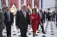 House Majority Leader Rep. Steny Hoyer and House Speaker Nancy Pelosi walk from the House floor in the U.S. Capitol, in Washington, D.C., on Dec. 19, 2019