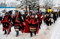 Wet'suwet'en Hereditary Chiefs from left, Rob Alfred, John Ridsdale, centre and Antoinette Austin, who oppose the Costal Gaslink pipeline take part in a rally in Smithers B.C., on Friday January 10, 2020.