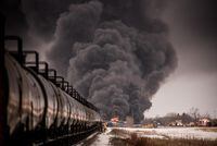 Smoke billows up from a derailed Canadian Pacific Railway train near Guernsey, Sask., on Thursday, February 6, 2020. THE CANADIAN PRESS/Matt Smith