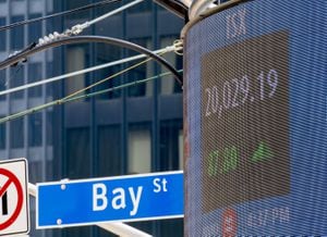 A signboard displays the TSX level in Toronto, Friday, June 4, 2021.THE CANADIAN PRESS/Frank Gunn