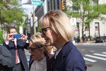 E. Jean Carroll, former U.S. President Donald Trump rape accuser, walks at Manhattan Federal Court, in New York City, U.S., April 26, 2023. REUTERS/Shannon Stapleton