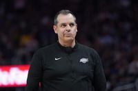 Los Angeles Lakers head coach Frank Vogel walks on the sideline during the second half of his team’s NBA basketball game against the Golden State Warriors in San Francisco, Thursday, April 7, 2022. (AP Photo/Jeff Chiu)